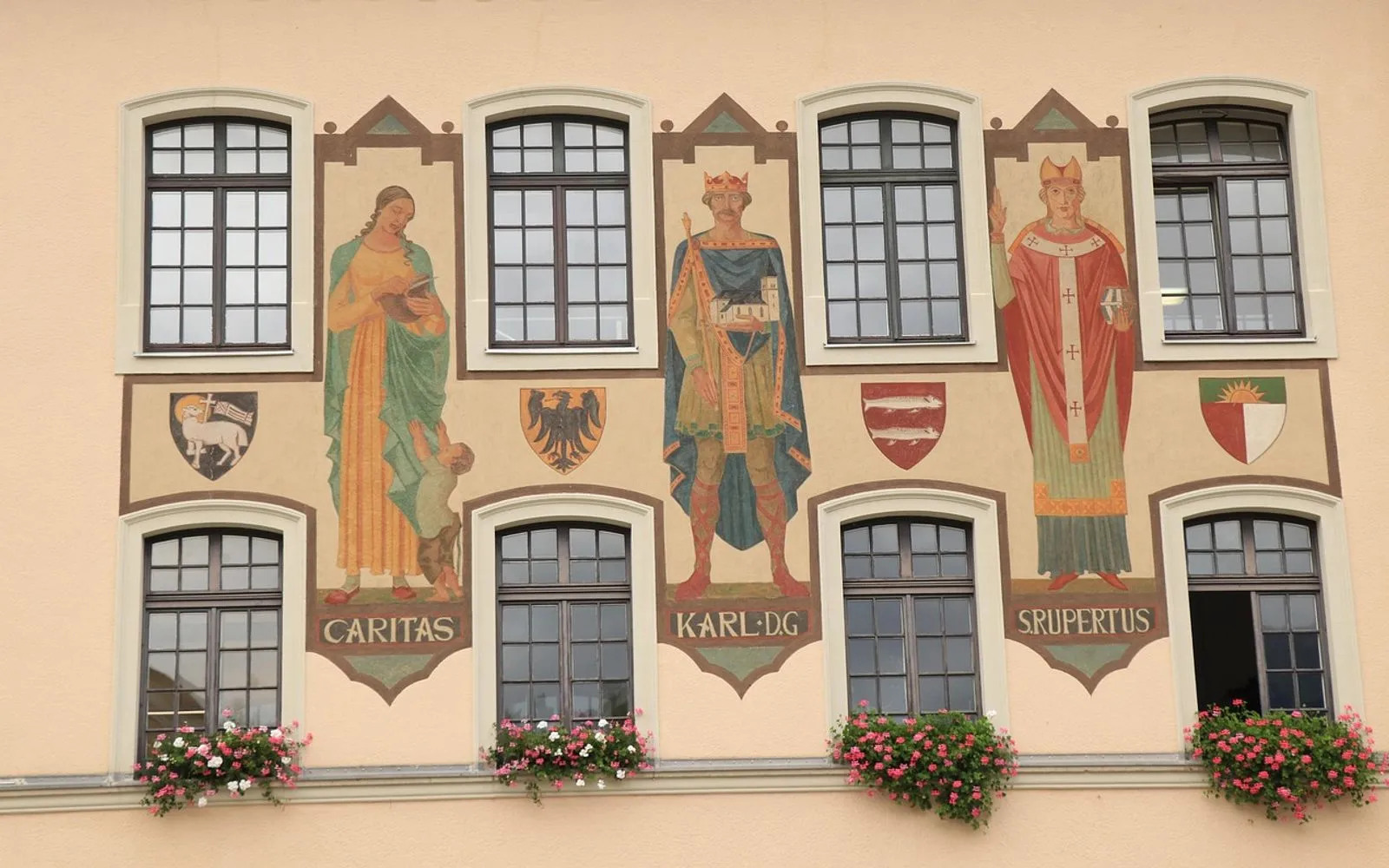architecture, facade, house, building, windows, historical, germany, bavaria, bad reichenhall, altes rathaus town hall, painting, gevelversiering, art, mural