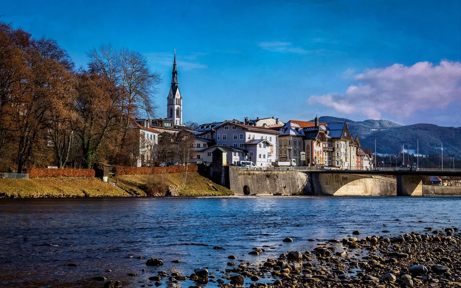 flow, houses, church, bridge, architecture, building, historical, city, bad tölz germany, spa, upper bavaria, germany, mood, landscape, panorama, idyllic
