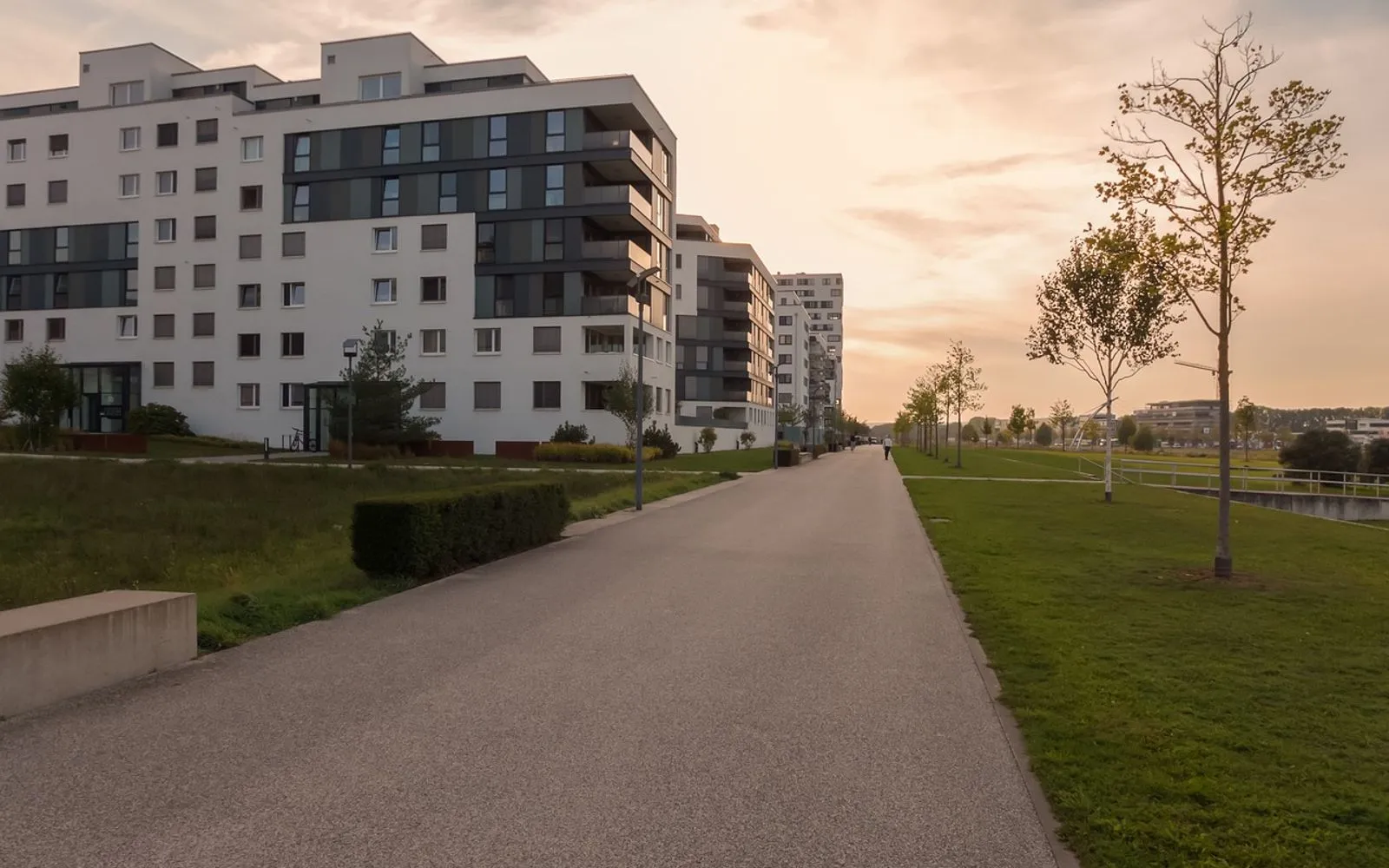 buildings, path, pathway, pavement, trees, line of trees, sky, sunset, landscape, grass, architecture, city, nature, böblingen, germany