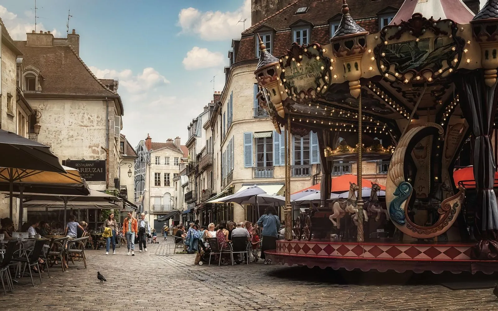 carousel, old town, urban, dijon, france, street, pedestrian zone, people, downtown, shopping street, city, old, historical, street photography, dijon, france, france, france, france, france, street, street