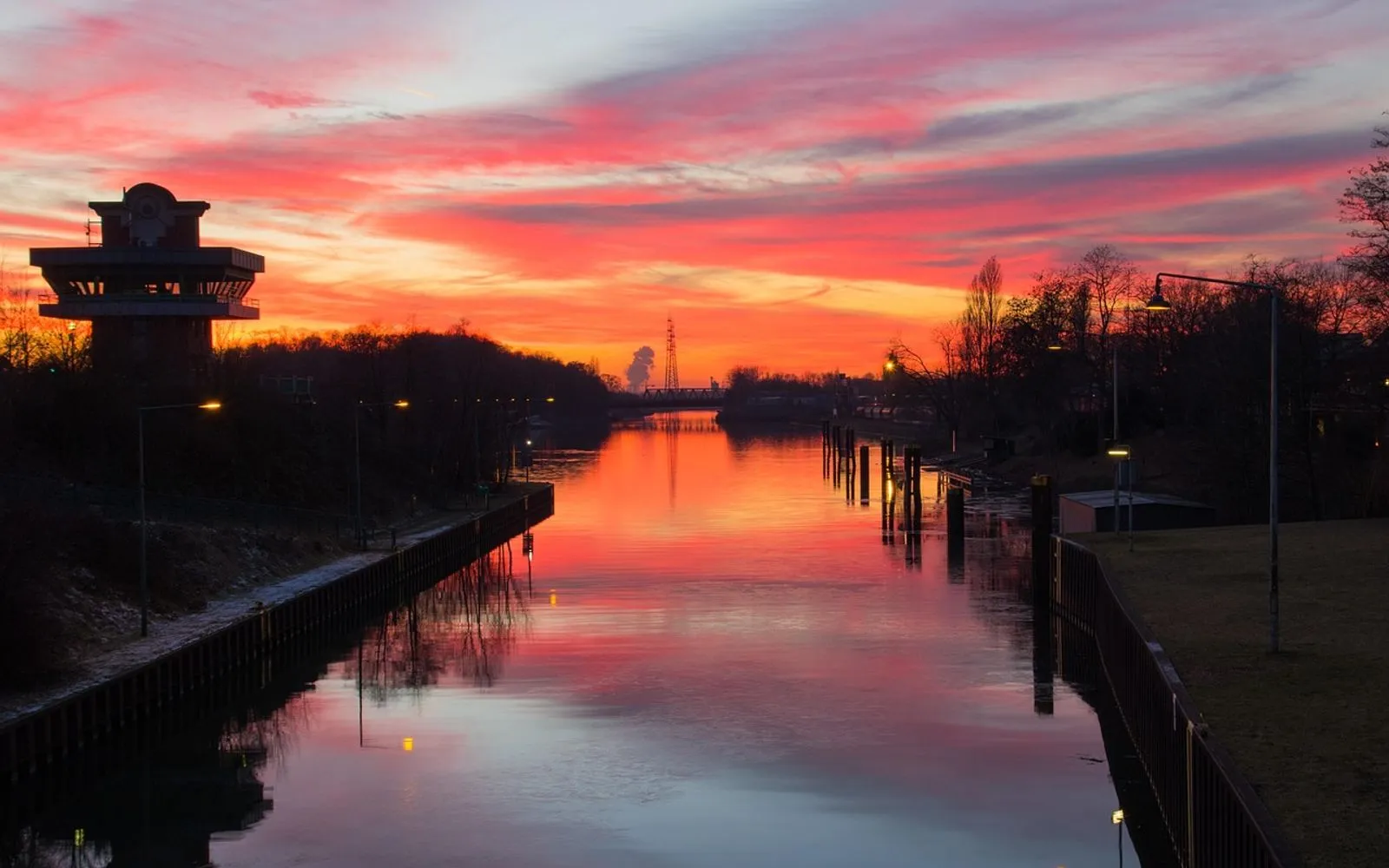 rhine-herne canal, channel, nature, sunset, waterway, lock herne-crange, shipping route, dusk, twilight, winter, water, herne, germany
