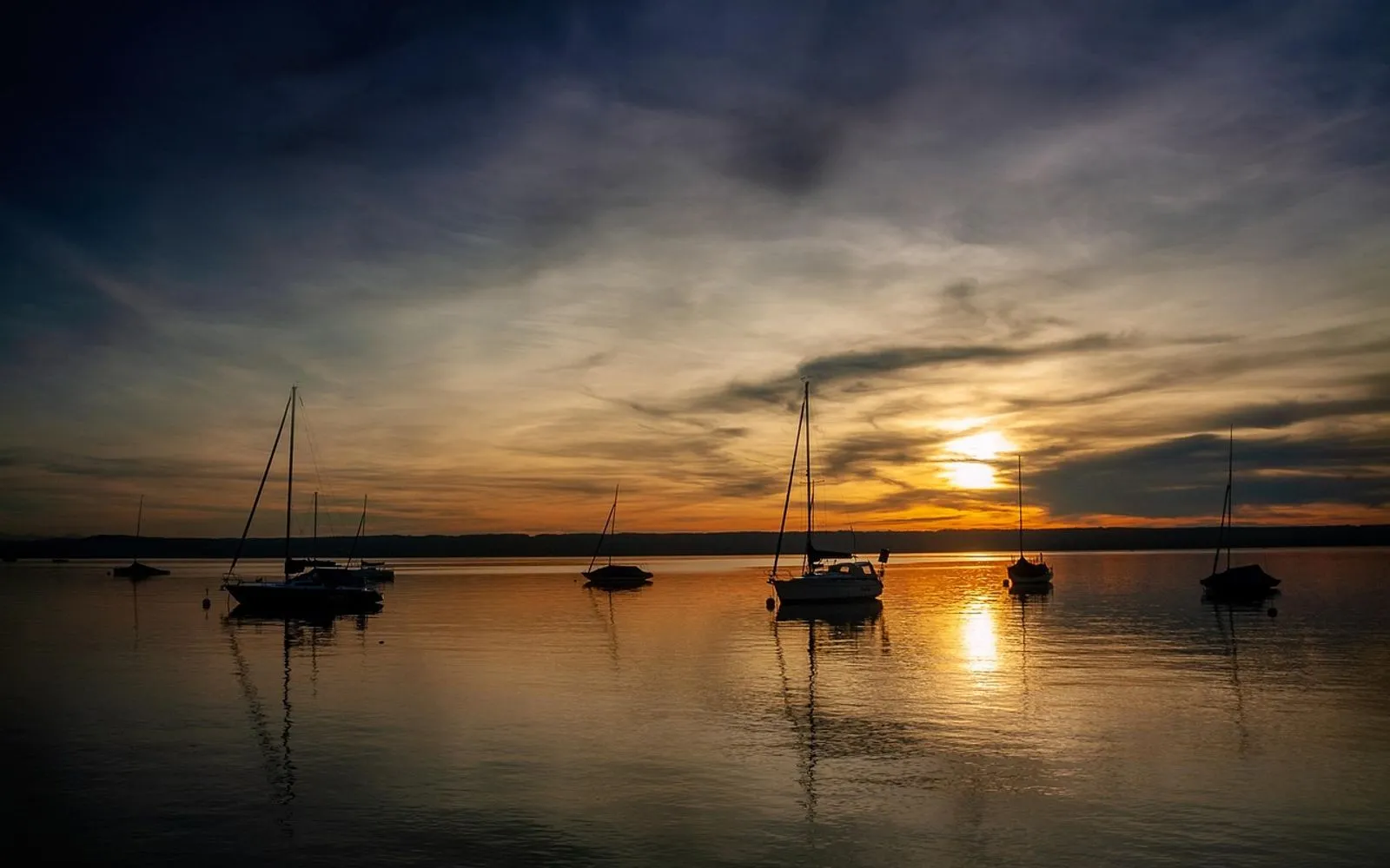 sunset, lake, sailing boats, silhouette, sunlight, reflection, water, boats, sailboats, sky, clouds, nature, scenery, scenic, dark, twilight, mood, herrsching, ammersee, bavaria