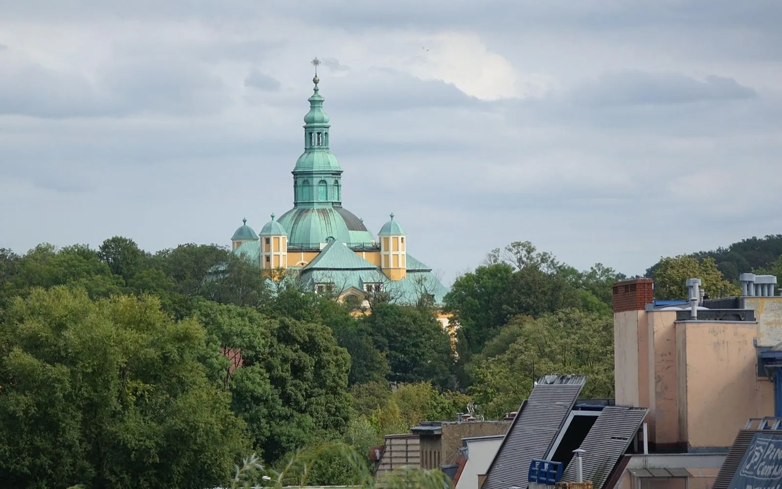 jelenia góra, poland, church, trees, silesia, architecture, nature, city, panorama