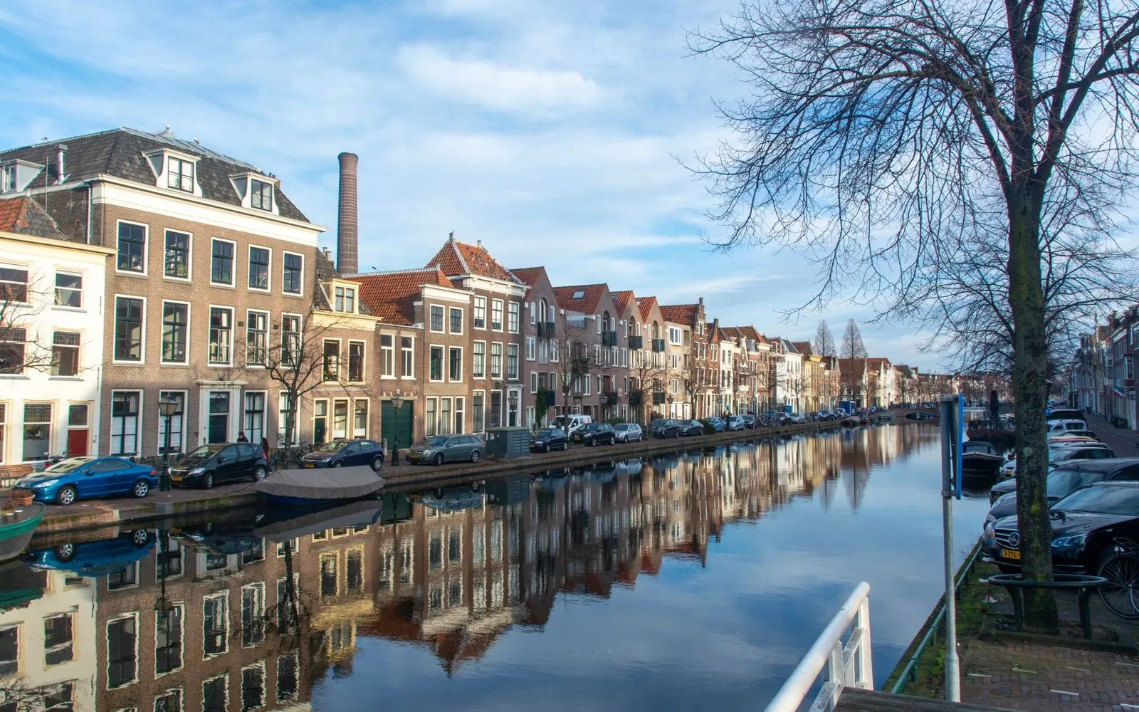 Beautiful canal scene with historic Dutch houses in Leiden.