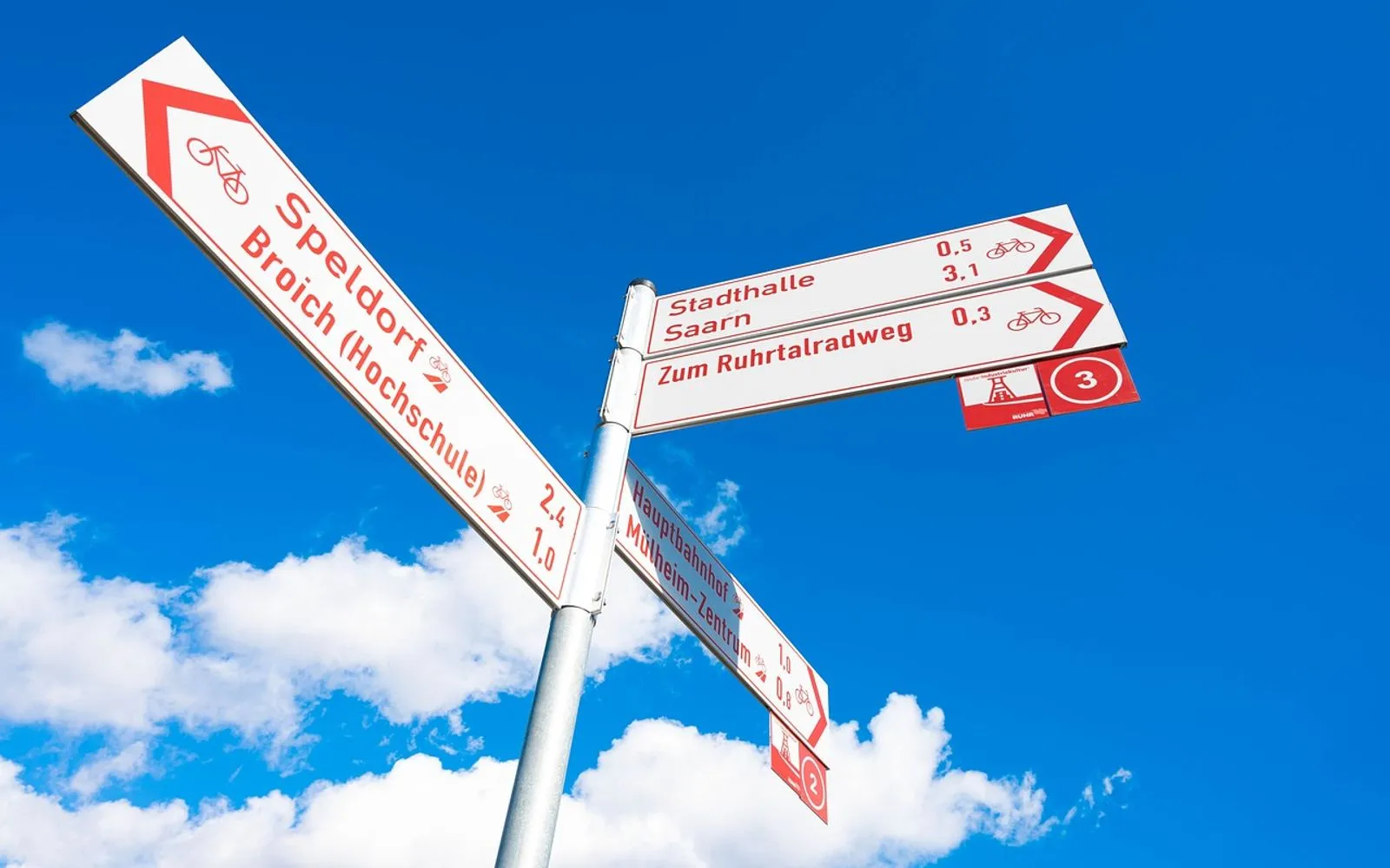 signpost, heaven, sign, direction, arrow, clouds, bike path, bicycle, mülheim, nature, ruhr