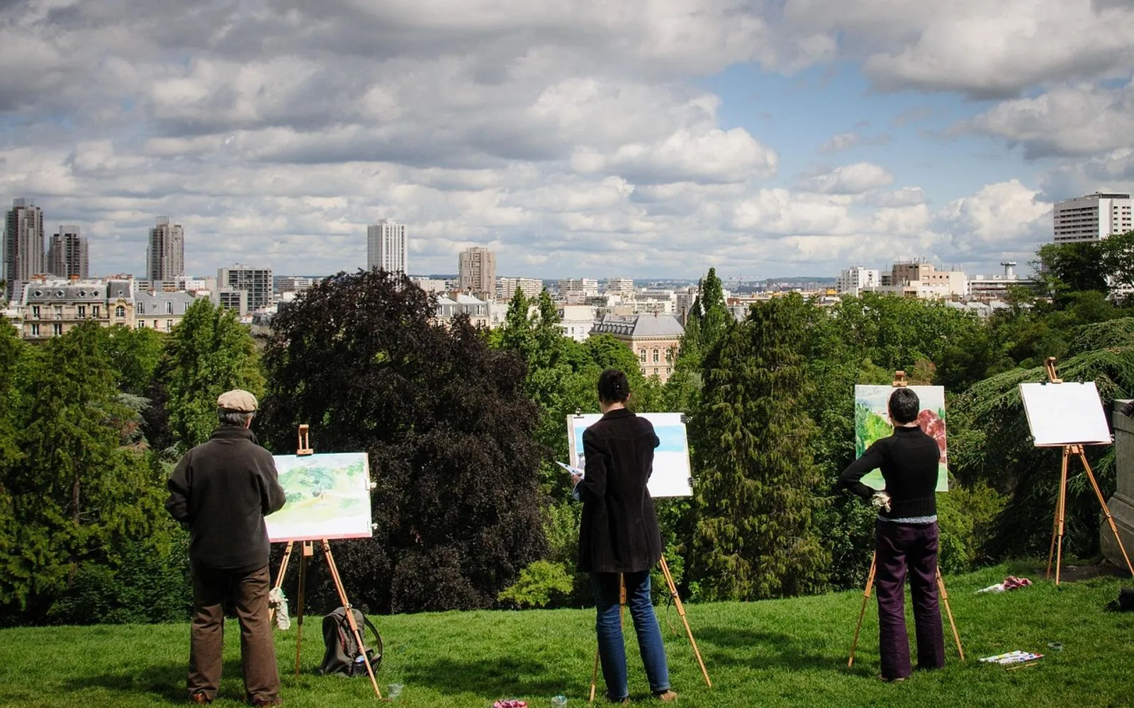 buttes-chaumont, nature, paris, france, painter, easel, park, outlook, clouds, city