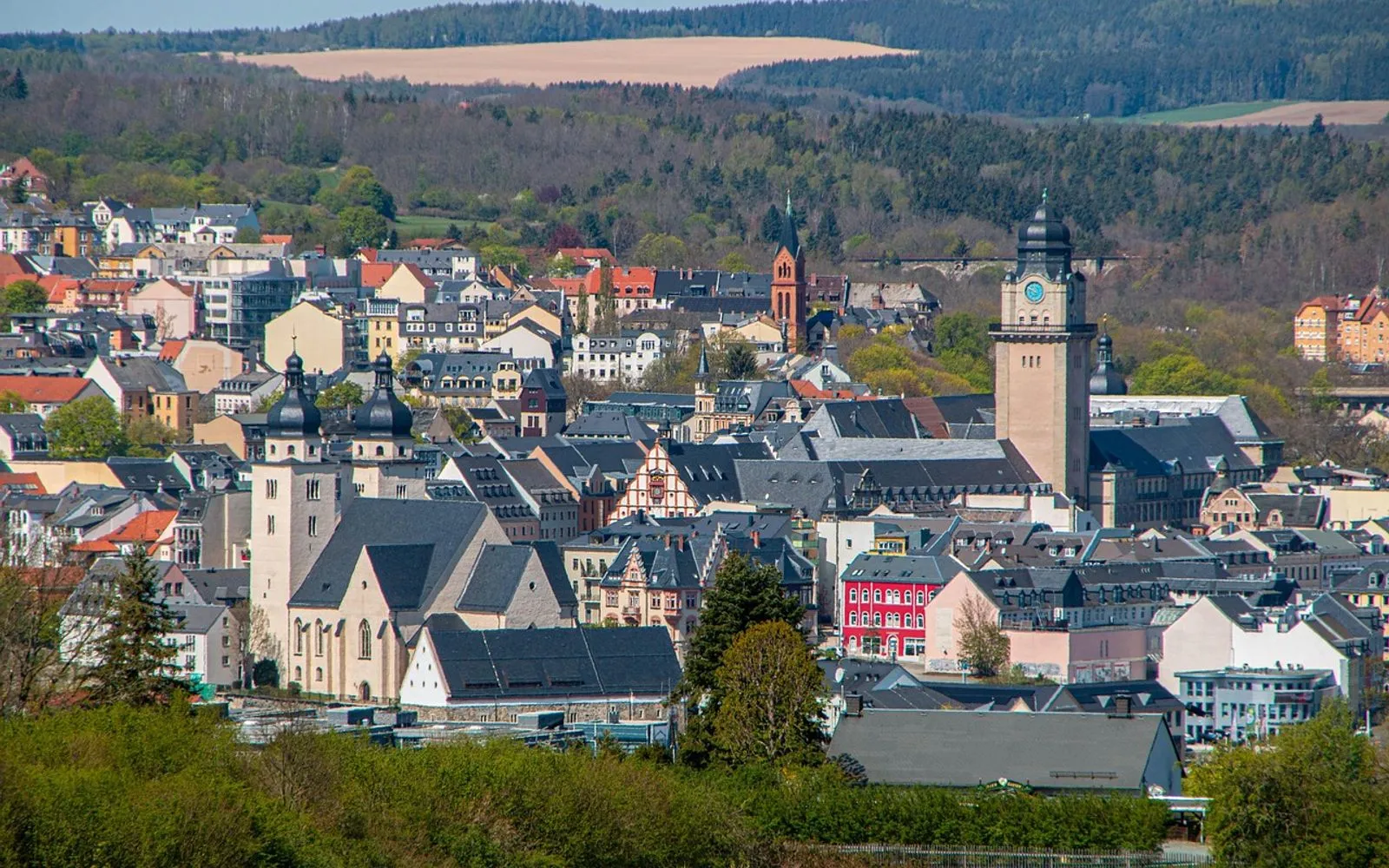 town hall, church, view, saxony, city center, nature, country, mountains, center, plauen