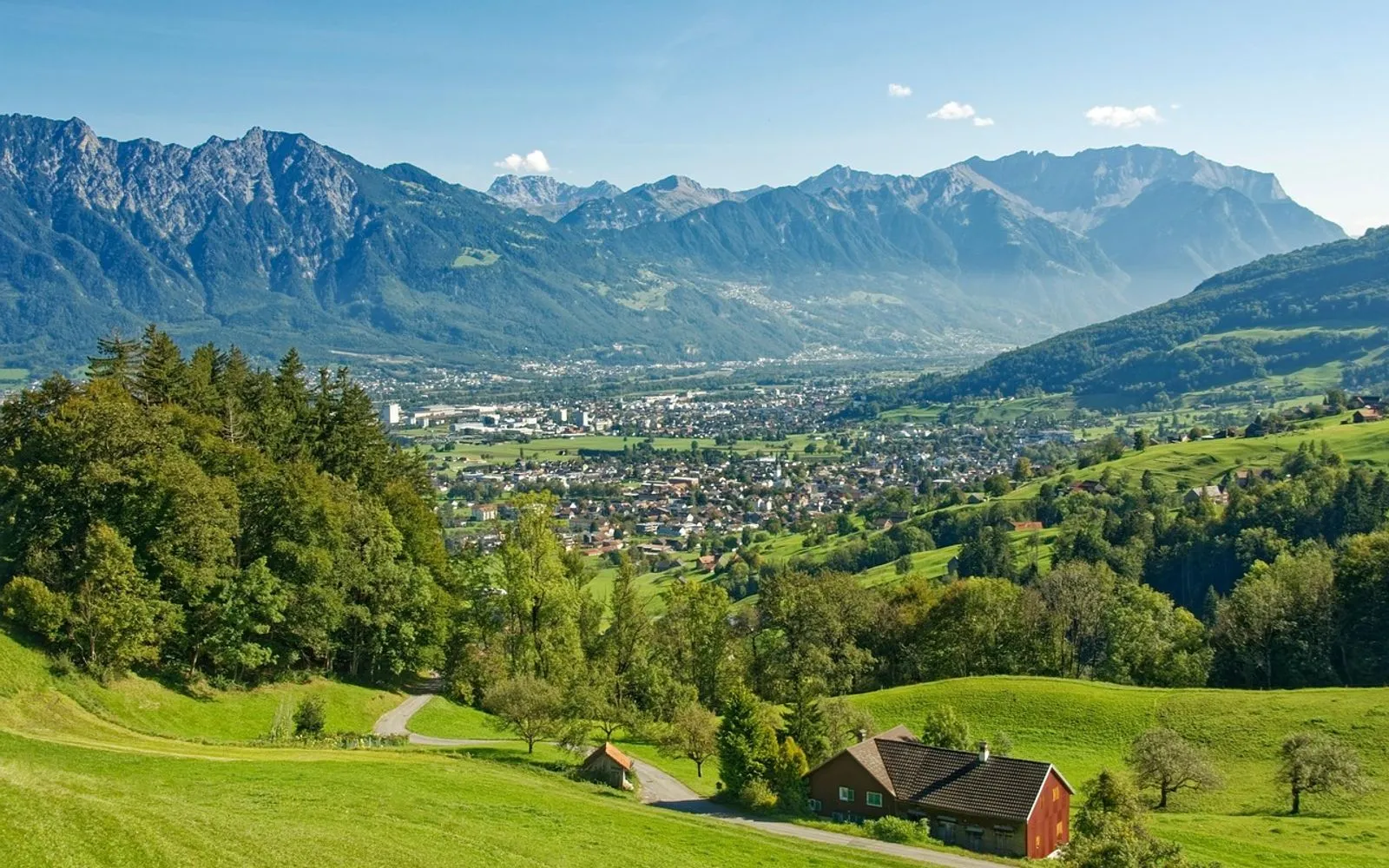 switzerland, old saint johann, canton of st gallen, saint gall, alps, landscape, thurtal, säntis, säntis massif, nature, mountains, forest, trees, grasslands, alpine pastures, houses, green, heaven, blue, to travel, tourism