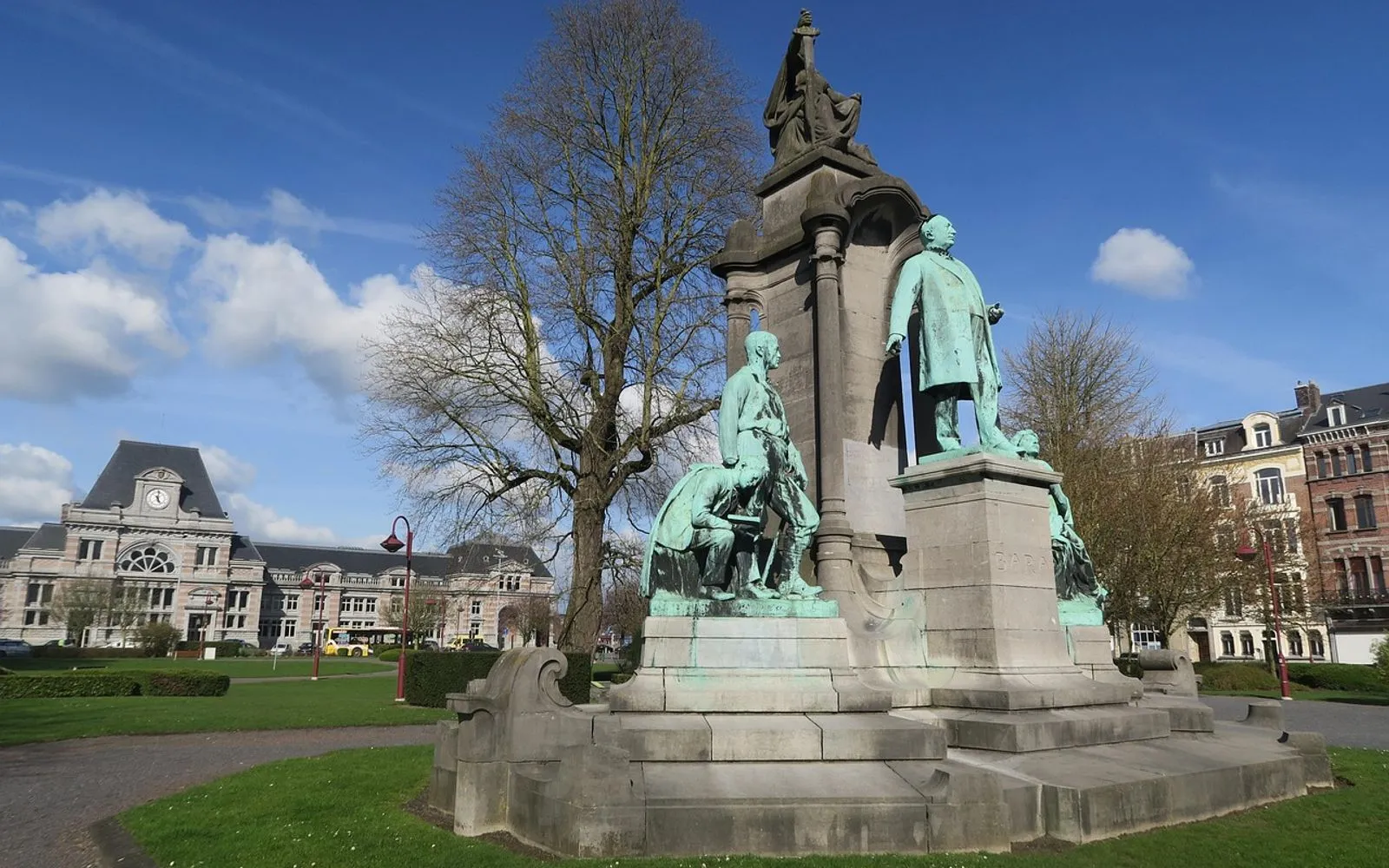 architecture, monument, old, travel, building, sky, statue, park, tourism, sculpture, landmark, lawn, tournai, station, railway, railway station, tournai railway station, belgium, europe
