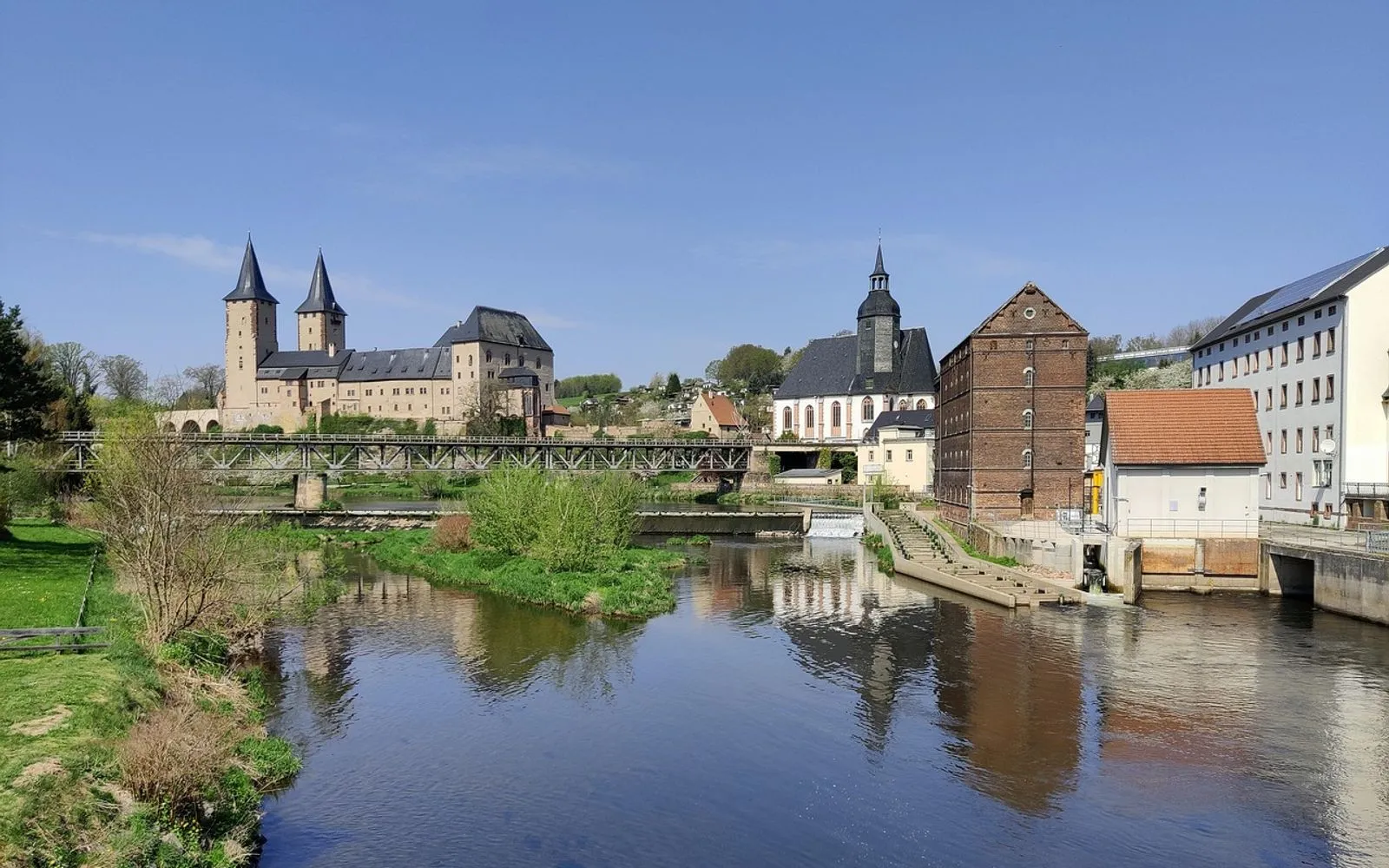 rochlitz, city, flow, panorama, castle, church, saxony, germany, central axes, zwickau hollow, may, nature, spring